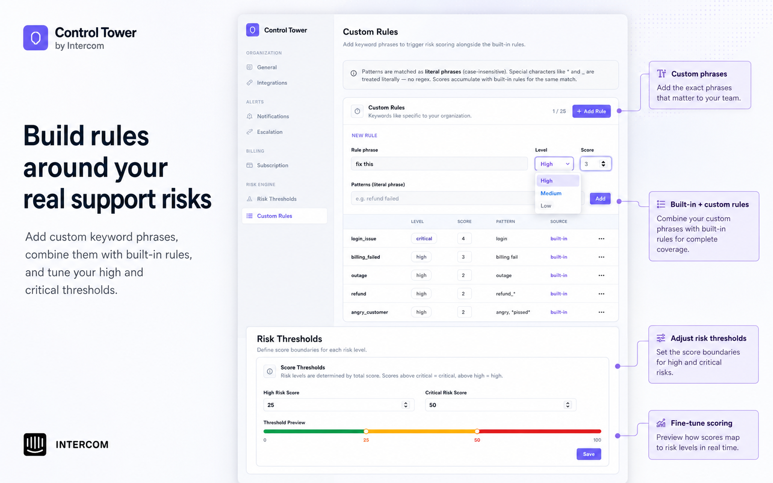 Control Tower settings screen showing custom risk rules, built-in rules, scores, and risk threshold settings.